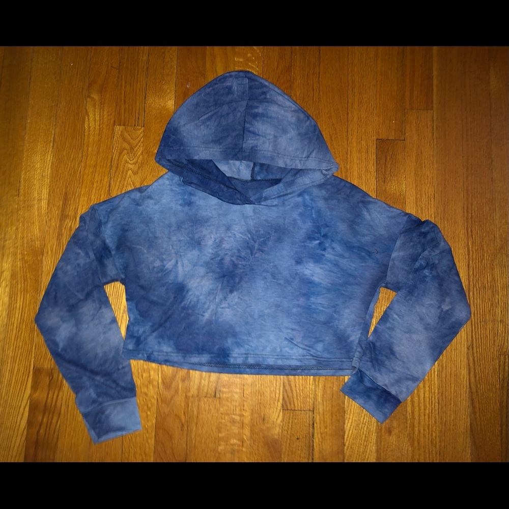 Blue Tie Dye Cropped Hooded Long Sleeve Shirt